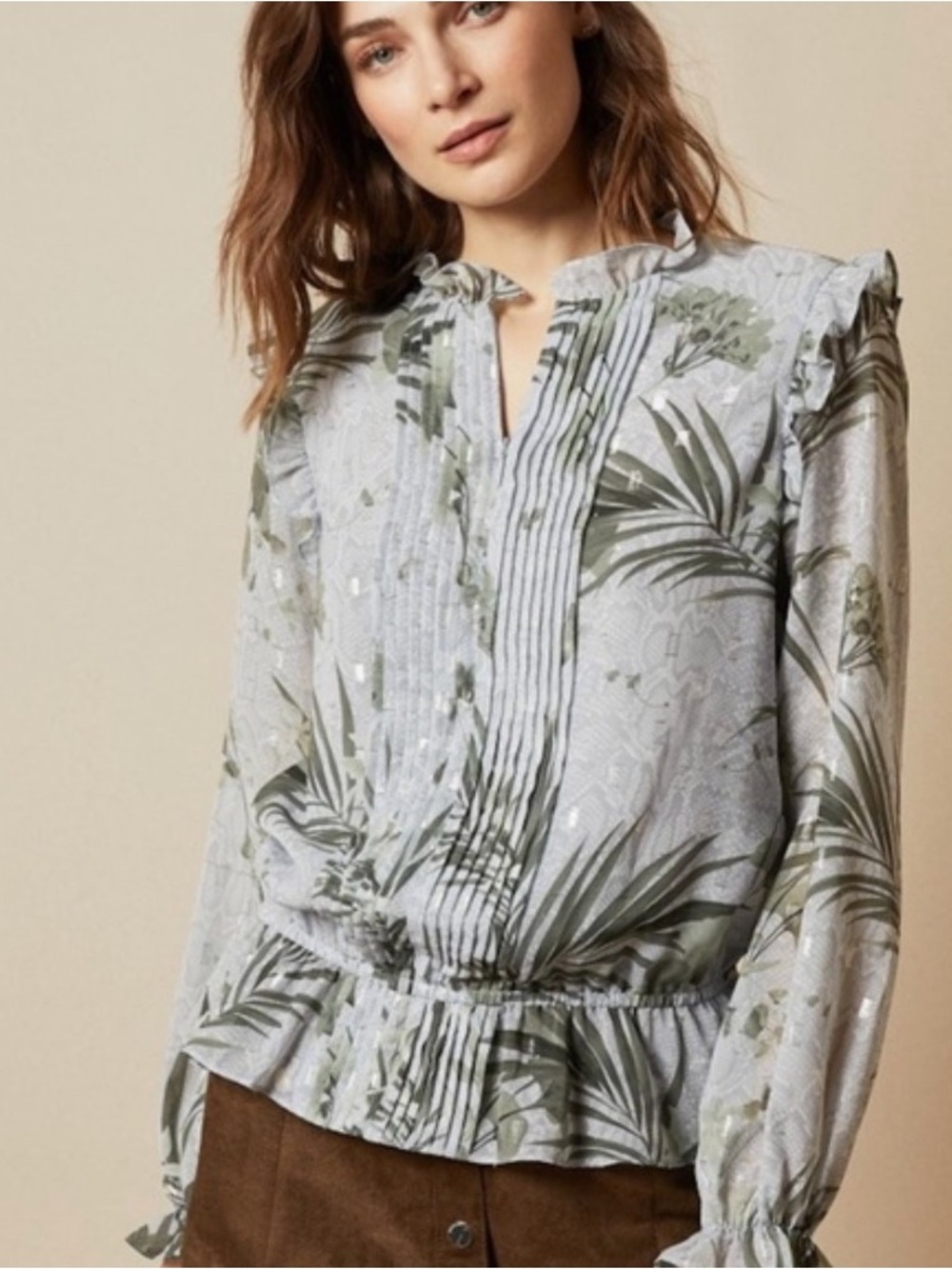 Ted baker London floral Highland Frill Blouse Green Plant Leaf Print size xxs 2